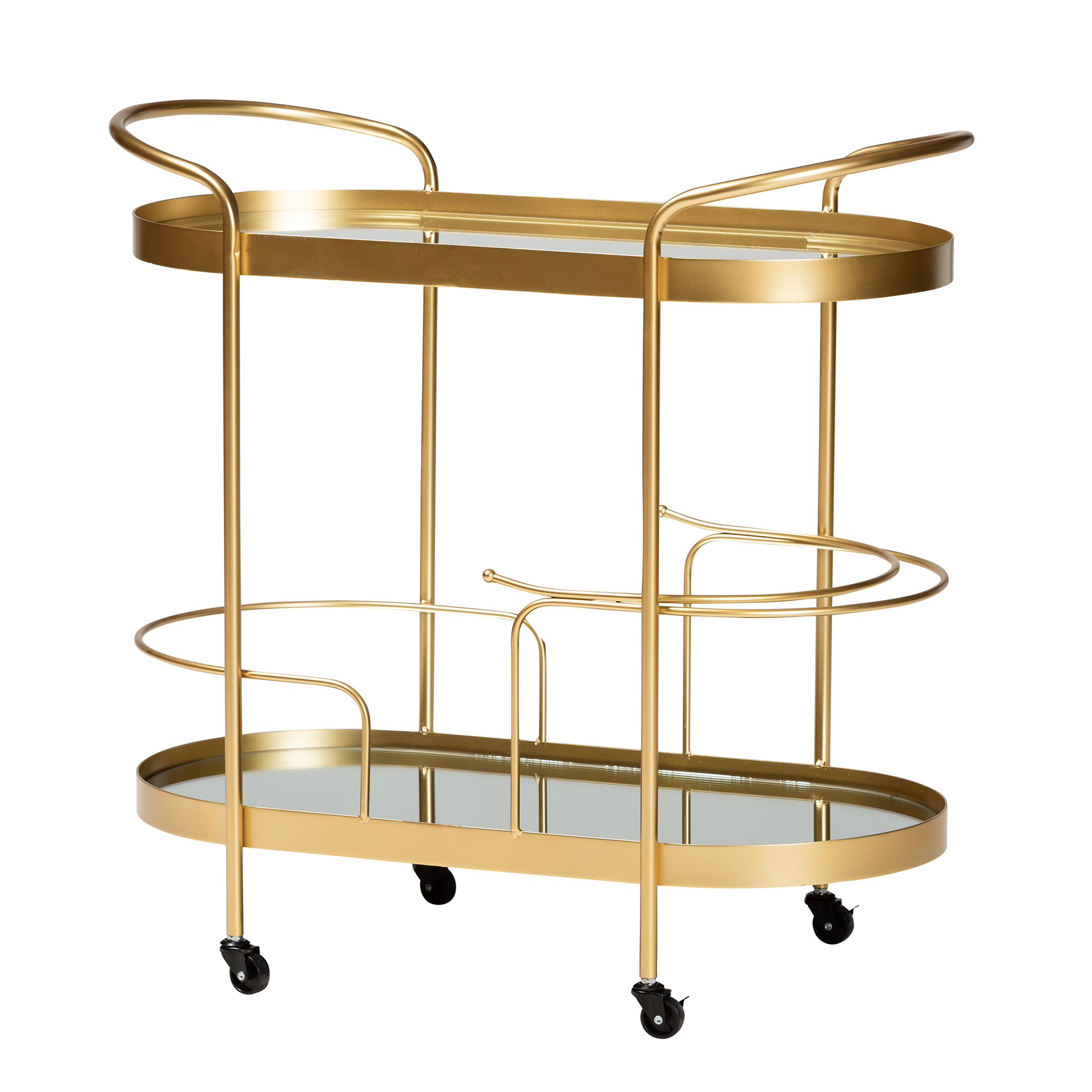 Baxton Studio Kamal Modern and Contemporary Glam Brushed Gold Finished Metal and Mirrored Glass 2-Tier Mobile Wine Bar Cart Affordable modern furniture in Chicago, classic dining room furniture, modern kitchen cart, cheap kitchen cart